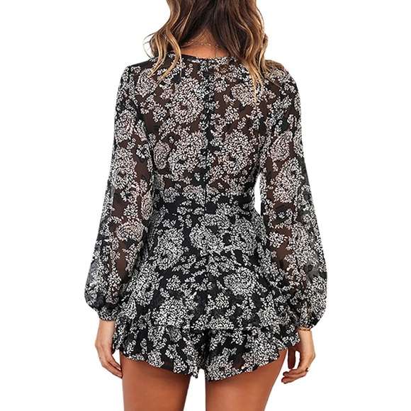 Deep V-Neck Floral Print Romper Long Sleeves - Picture 3 of 4